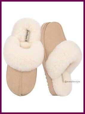 Genuine Suede Leather Wool Lined House Slippers with Plush Collar